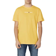 Tommy Hilfiger men’s yellow cotton t-shirt with white logo and small flag emblem on the sleeve