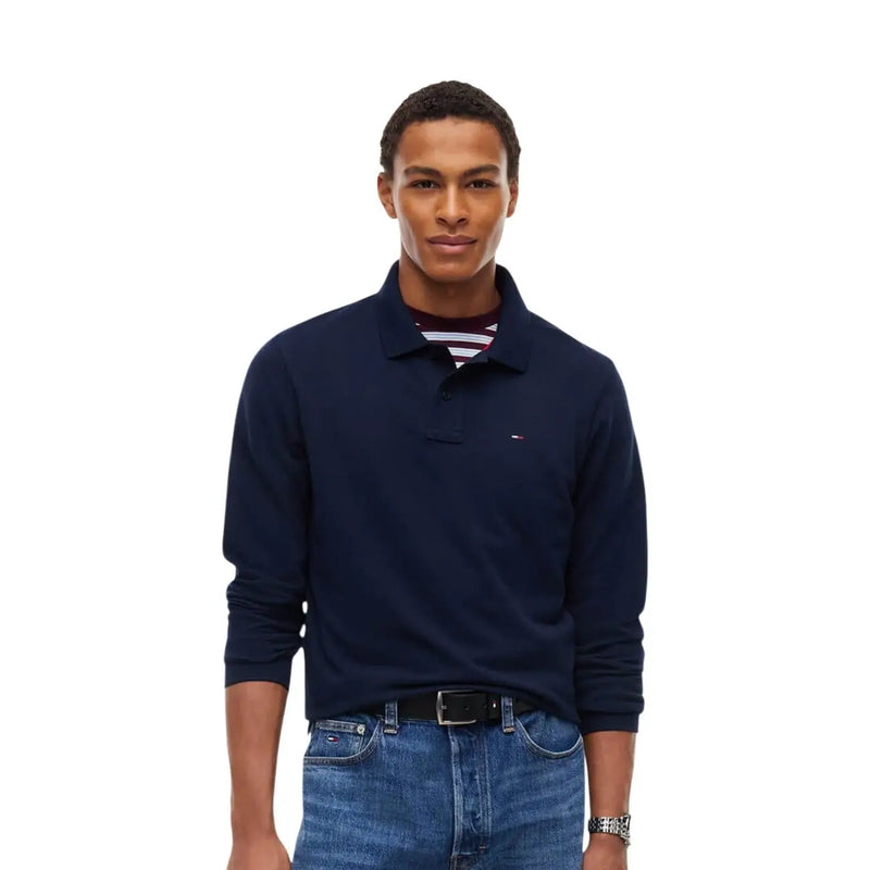 Tommy Hilfiger Polo à manches longues en coton biologique pour homme, bleu marine, avec logo brodé (vue de face)