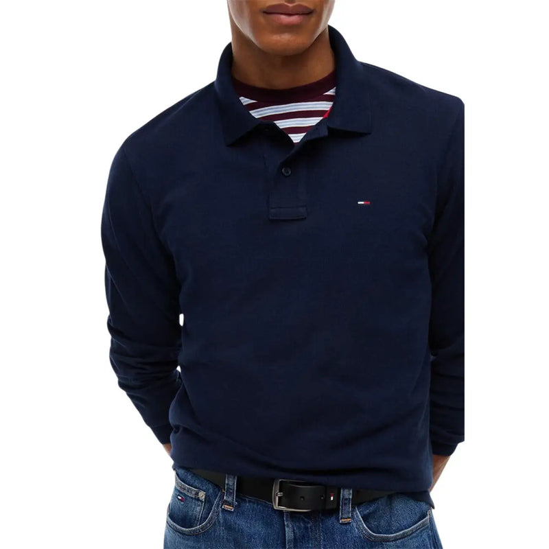 Tommy Hilfiger Polo homme à manches longues en coton biologique bleu marine avec logo sur la poitrine, vue de face