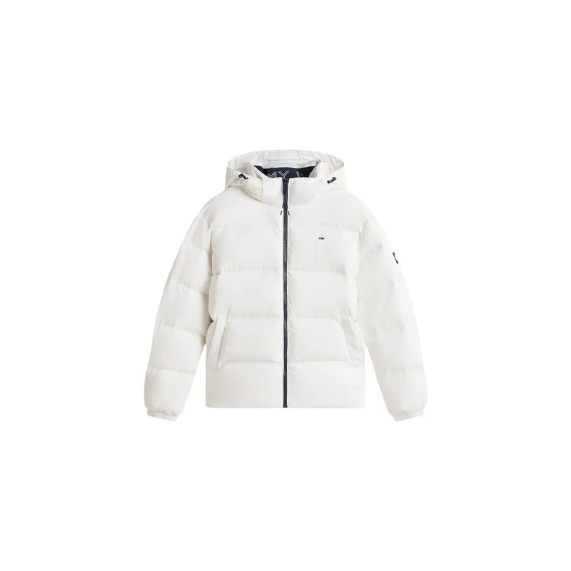 Tommy Hilfiger Doudoune Essential Down pour femme, blanche avec fermeture éclair noire et logo sur la poitrine, vue de face