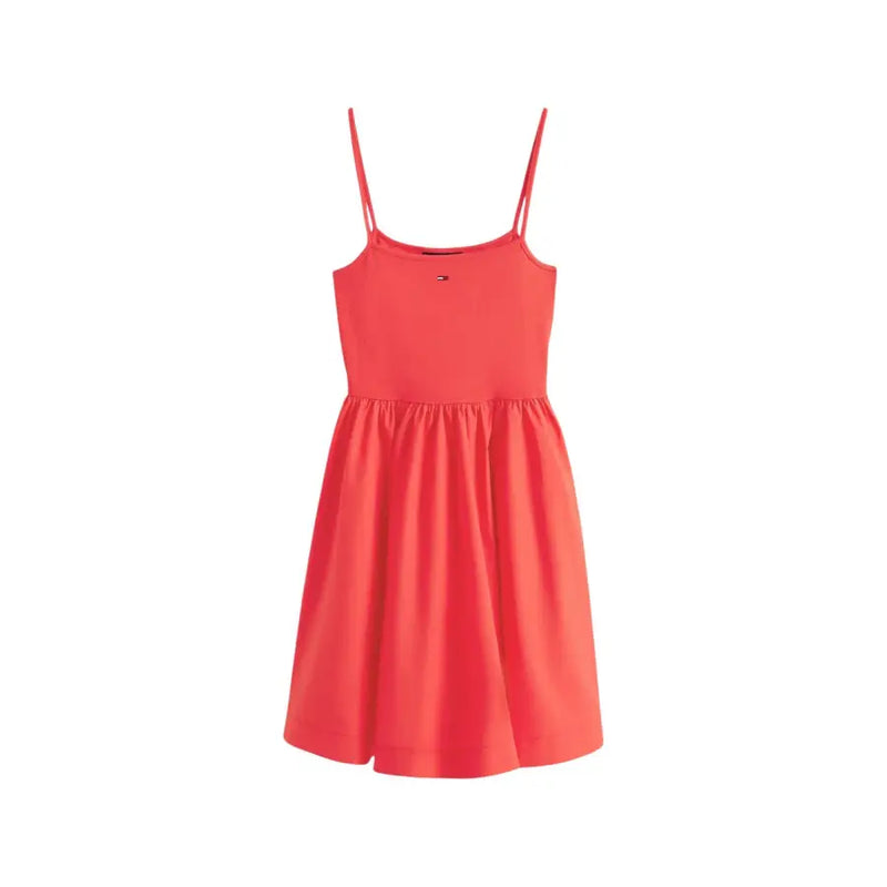 Tommy Hilfiger coral sleeveless organic cotton dress with spaghetti straps and gathered waist featuring a square neckline
