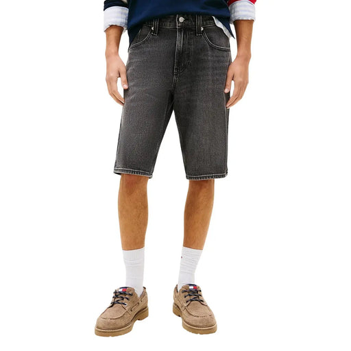 Tommy Hilfiger Short pour homme en denim gris foncé, cinq poches, ourlet blanc, vue de face