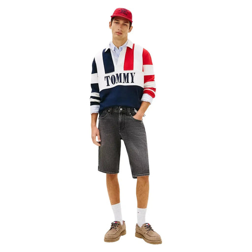 Tommy Hilfiger Polo homme bleu marine, rouge et blanc avec inscription Tommy en gras sur la poitrine (vue de face)