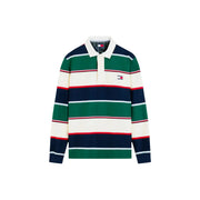 Tommy Hilfiger Polo rayé pour homme à rayures horizontales bleu marine, vert, crème et rouges, vue de face