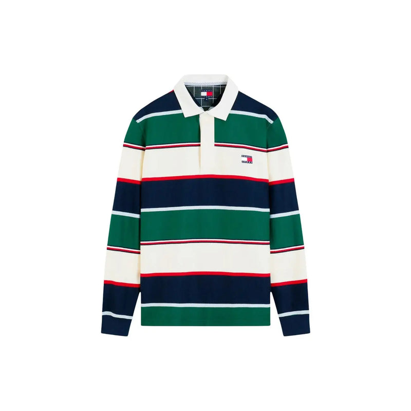 Tommy Hilfiger Polo rayé pour homme à rayures horizontales bleu marine, vert, crème et rouges, vue de face