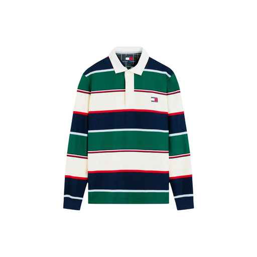 Tommy Hilfiger Polo rayé pour homme à rayures horizontales bleu marine, vert, crème et rouges, vue de face
