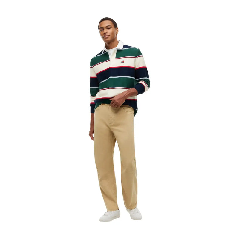 Tommy Hilfiger Polo rugby à rayures horizontales pour homme, manches longues, vert, bleu marine et crème (vue de face).