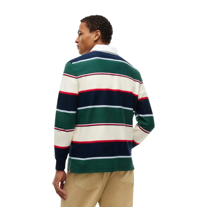 Tommy Hilfiger Polo de rugby à rayures horizontales pour homme, manches longues, bleu marine, vert, crème, blanc et rouge (vue de face).