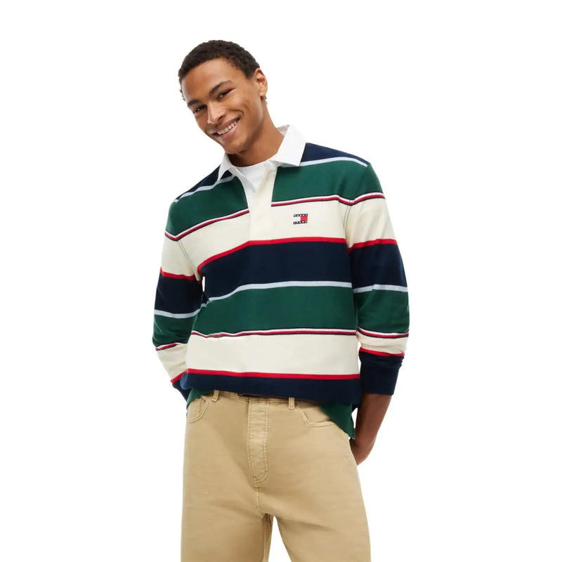 Tommy Hilfiger Polo rayé pour homme, coloris vert, marine, crème et rouge, col blanc et larges rayures horizontales (vue de face).