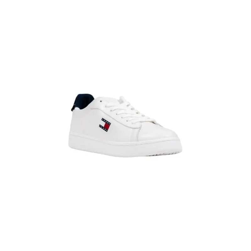 Tommy hilfiger white leather sneaker with navy blue accents and red, white, and blue logo.