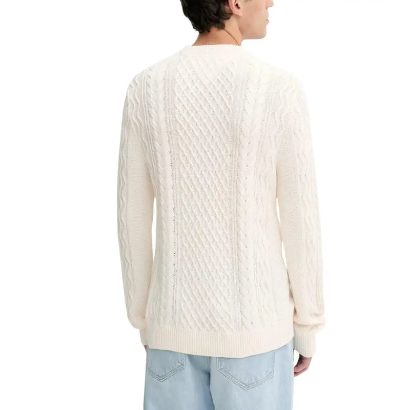Tommy hilfiger white organic cotton round neck sweater in cream color with cable knit and ribbed cuffs