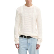 Tommy Hilfiger white organic cotton round neck sweater with cream cable knit long sleeves and ribbed cuffs and neck