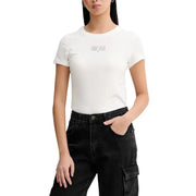 White tommy hilfiger organic cotton round neck t shirt with short sleeves and subtle black logo print on chest