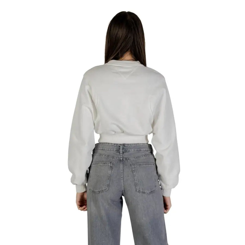 Tommy Hilfiger white organic cotton women’s cropped sweatshirt with long sleeves and ribbed hem