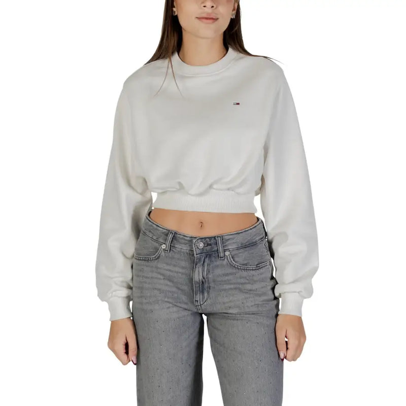 Tommy Hilfiger white organic cotton cropped womens sweatshirt with long sleeves and ribbed hem