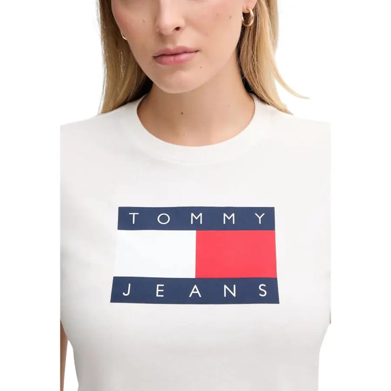 Tommy Hilfiger white printed organic cotton t-shirt for women with bold striped logo