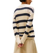 Tommy Hilfiger Pull zippé en lin côtelé rayé beige et bleu marine pour femme, vue de face
