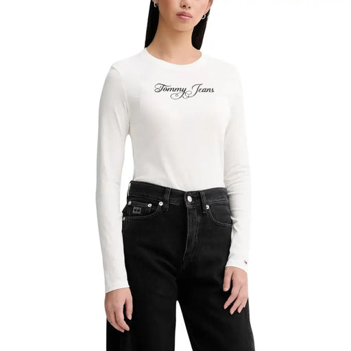 Tommy Hilfiger T-shirt noir à manches longues pour femme en coton biologique avec logo blanc en écriture cursive