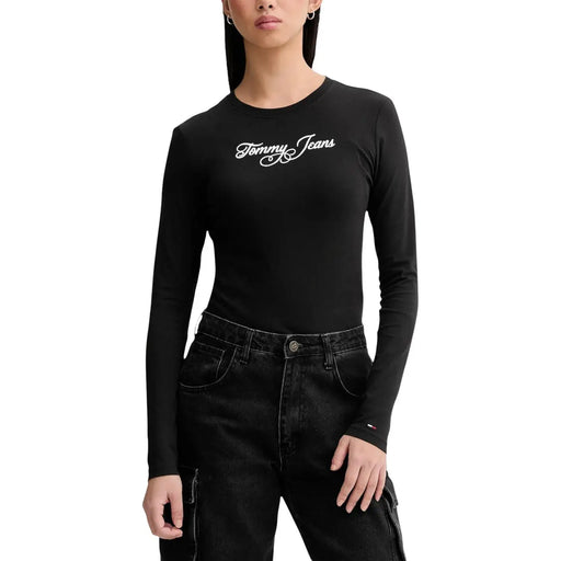Tommy Hilfiger black long-sleeve organic cotton tee with white cursive logo