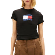 Tommy Hilfiger women black organic cotton t shirt with round neck featuring a classic flag logo in blue white and red stripes