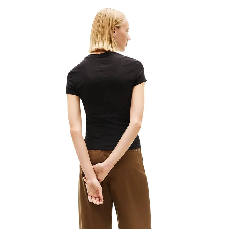Tommy Hilfiger women black organic cotton t shirt with round neck and fitted silhouette in short sleeves