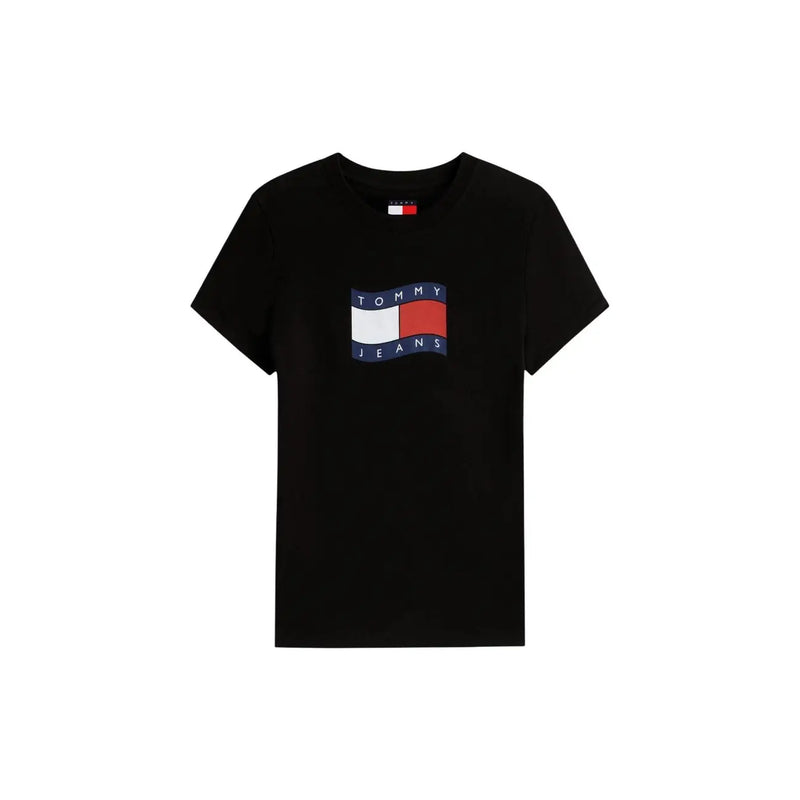Black organic cotton t shirt for women by Tommy Hilfiger featuring a bold embroidered navy white and red flag logo