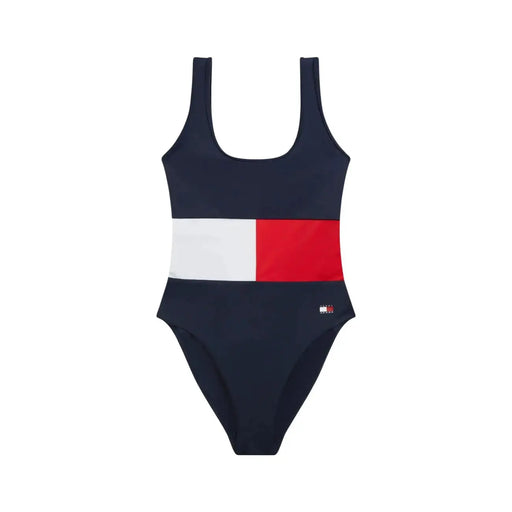 Maillot de bain une pièce Tommy Hilfiger bleu marine pour femme, en nylon à col rond et rayures horizontales blanches et rouges sur le torse