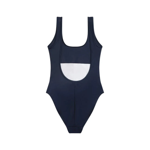 Vue de dos du maillot de bain une pièce bleu Tommy Hilfiger pour femme, en nylon à col rond, avec empiècement blanc et fines bretelles.
