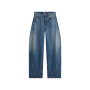 Tommy Hilfiger Jean en denim bleu pour femme, coupe mi-mollet, taille haute, jambes larges, délavage bleu moyen et détails de surpiqûres.