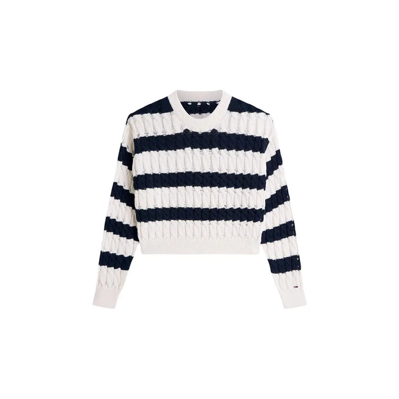 Tommy Hilfiger Pull court en maille côtelée à rayures bleu marine et blanches en coton biologique pour femme
