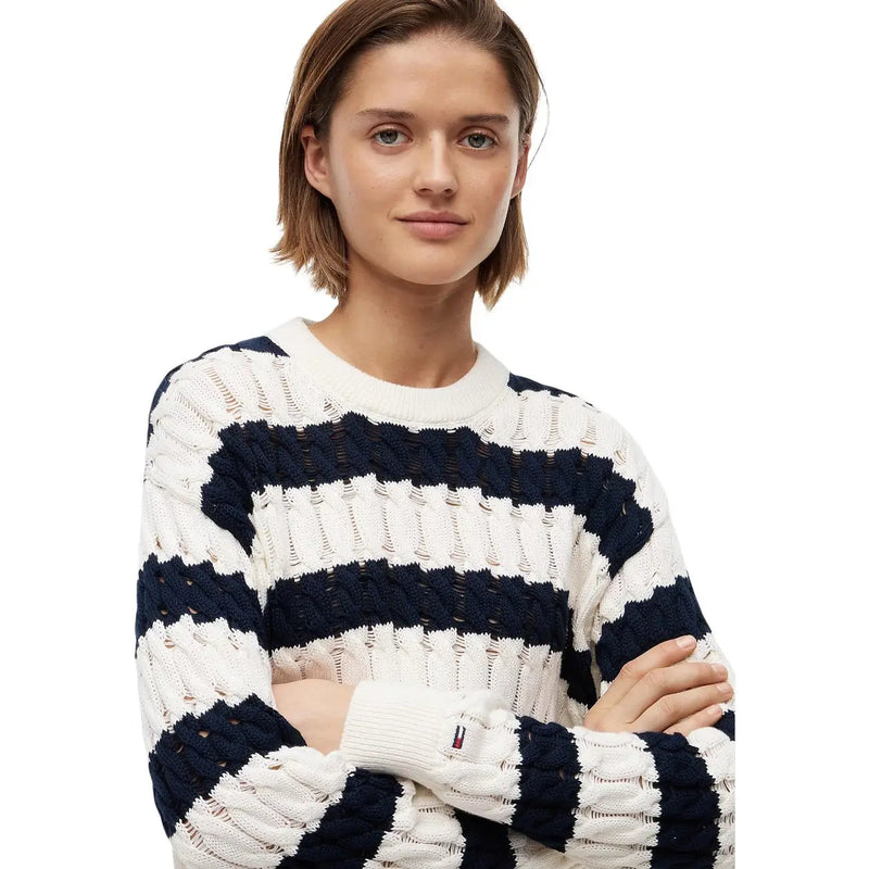 Tommy Hilfiger Pull en maille torsadée à rayures bleu marine et blanches en coton biologique bleu pour femme, avec poignets côtelés