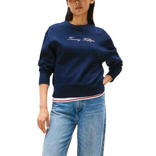 Tommy Hilfiger womens navy blue organic cotton sweatshirt with embroidered logo and patriotic hem trim