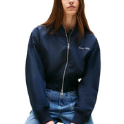 Navy blue tommy hilfiger women polyester bomber jacket with silver zipper and embroidered logo on the left chest