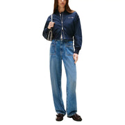 Navy blue Tommy Hilfiger women polyester bomber jacket with white embroidery and front zipper closure