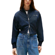 Navy blue tommy hilfiger women polyester bomber jacket with silver zipper and embroidered logo front detail