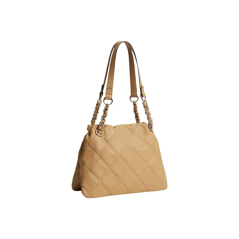 Beige quilted polyurethane handbag with chain and leather straps from Tommy Hilfiger women brown mini tote bag
