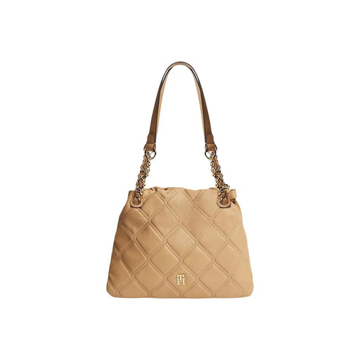 Tommy Hilfiger Mini sac cabas marron pour femme en cuir matelassé beige avec détails de chaîne et de bandoulière dorés