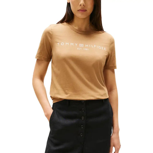 Tommy Hilfiger womens brown organic cotton T-shirt with tan chest logo