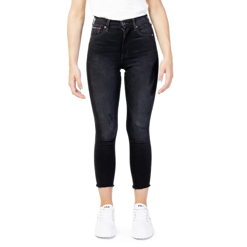 Tommy Hilfiger Jean en denim de coton noir pour femme, taille haute, coupe skinny, délavage délavé et ourlets effilochés