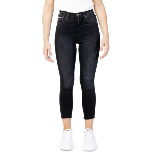 Tommy Hilfiger Jean en denim de coton noir pour femme, taille haute, coupe skinny, délavage délavé et ourlets effilochés