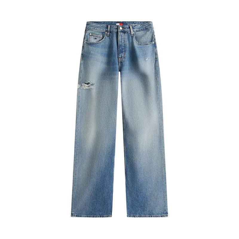 Tommy Hilfiger Jean en denim bleu clair pour femme, en coton biologique, avec déchirure usée sur la cuisse gauche et ceinture griffée.