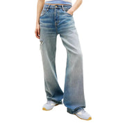 Tommy Hilfiger Jean en denim pour femme, taille haute, bleu clair, coton biologique, délavage délavé et détails usés sur la cuisse gauche