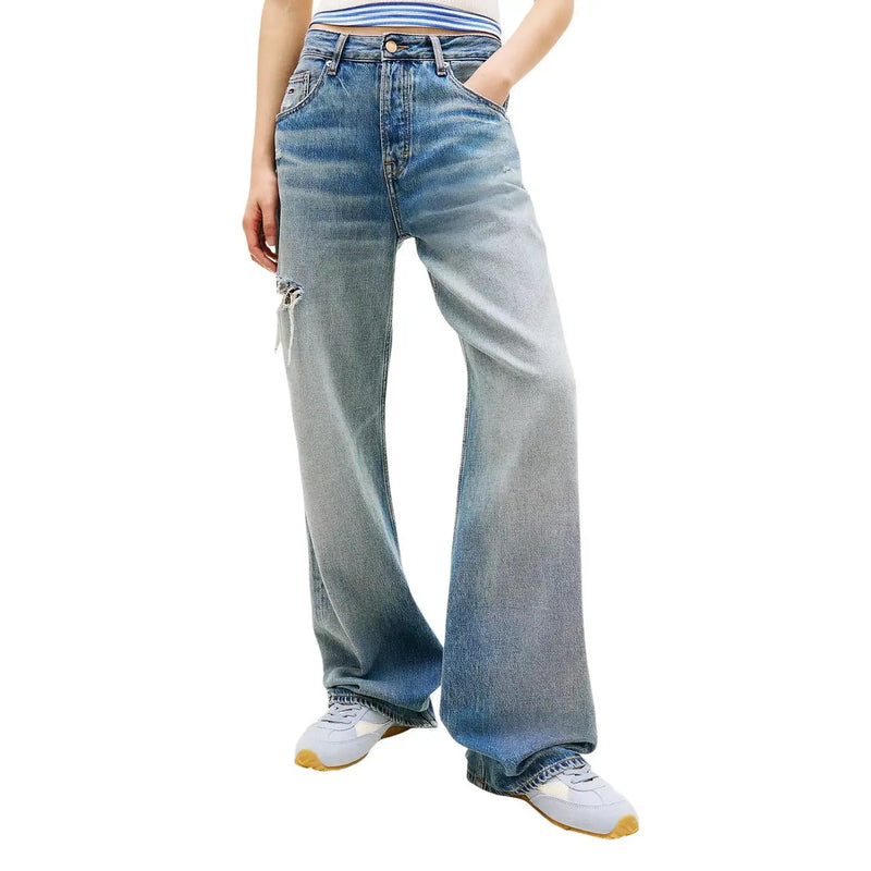 Tommy Hilfiger Jean en denim pour femme, taille haute, bleu clair, coton biologique, délavage délavé et détails usés sur la cuisse gauche