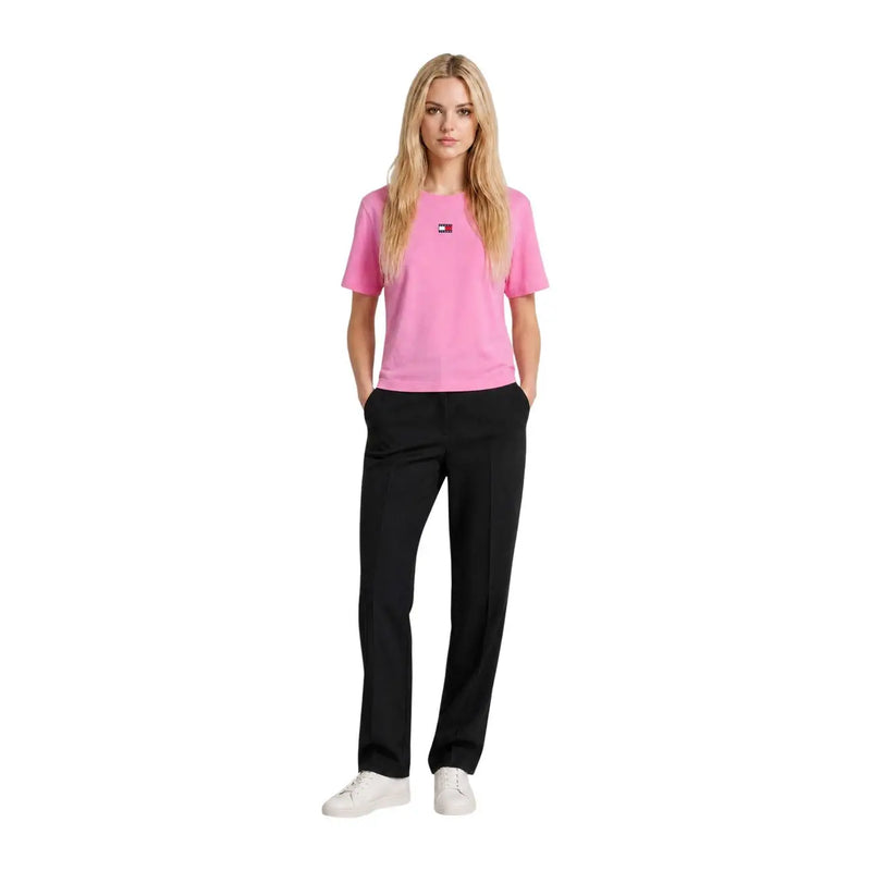 Pink tommy hilfiger short-sleeved organic cotton t shirt for women with small chest logo in fuchsia color