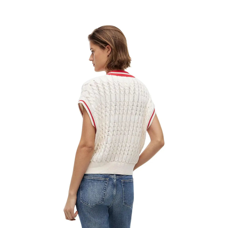 Tommy Hilfiger Gilet sans manches en coton biologique blanc pour femme, orné de bordures rouges et d'un motif vertical texturé.