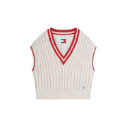 Tommy Hilfiger Gilet sans manches en maille crème pour femme, orné d'un col en V rouge et blanc, en coton biologique.