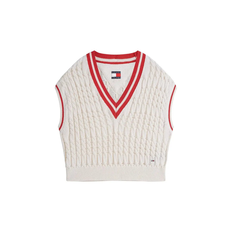Tommy Hilfiger Gilet sans manches en maille crème pour femme, orné d'un col en V rouge et blanc, en coton biologique.
