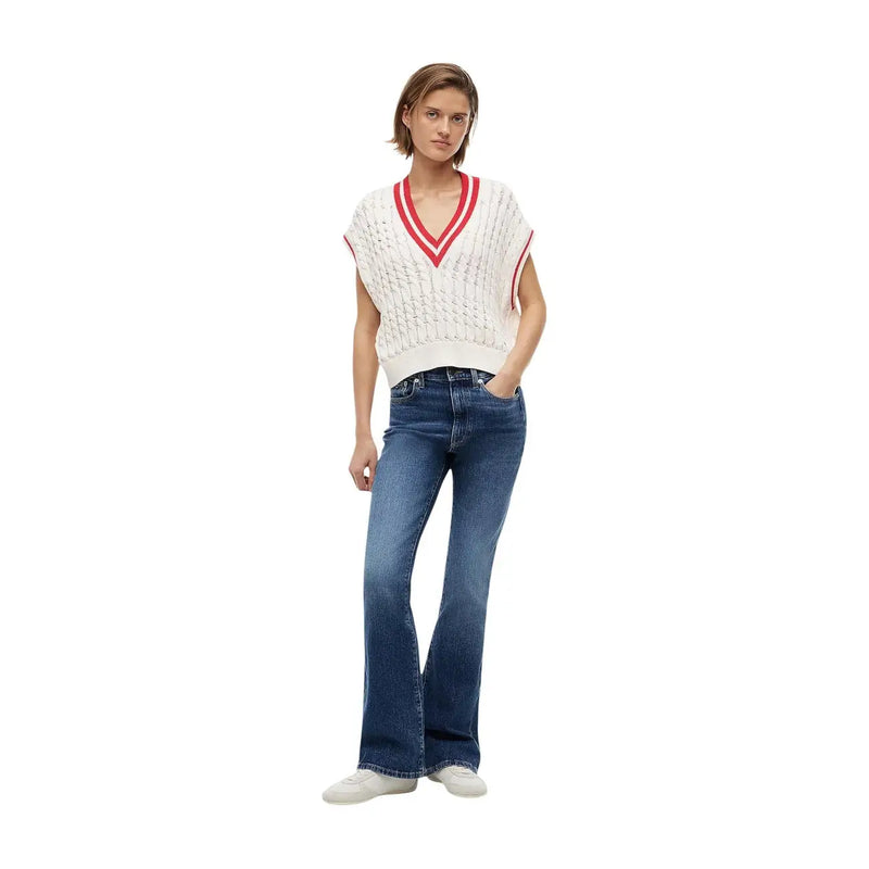 Tommy Hilfiger Gilet sans manches en coton biologique blanc pour femme top avec un col en V rouge et un motif en tricot torsadé