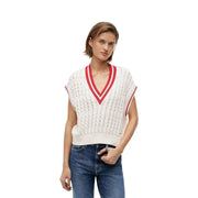 Tommy Hilfiger Gilet sans manches pour femme en coton biologique blanc avec bordure rouge au col en V et texture à motifs subtils