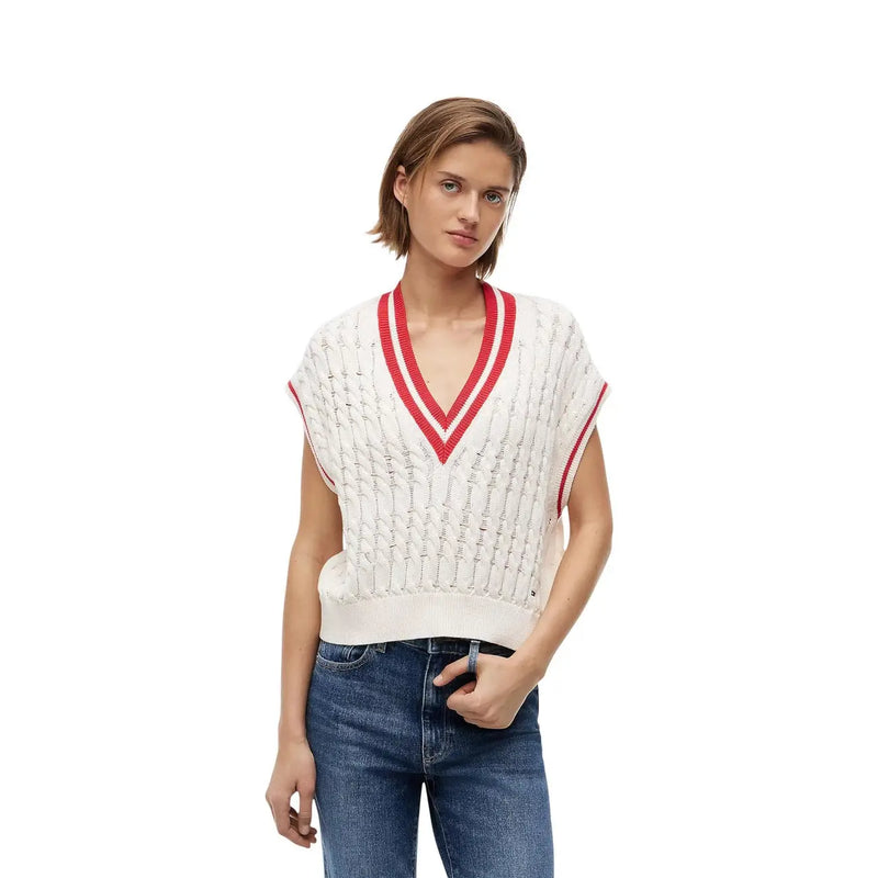 Tommy Hilfiger Gilet sans manches pour femme en coton biologique blanc avec bordure rouge au col en V et texture à motifs subtils